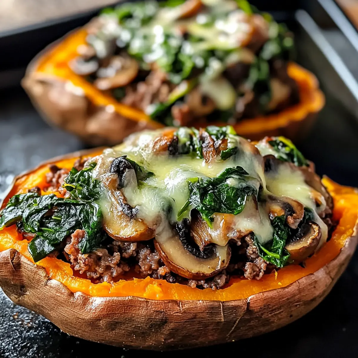 Unglaubliche Gefüllte Süßkartoffeln mit Rindfleisch, Champignons und Spinat